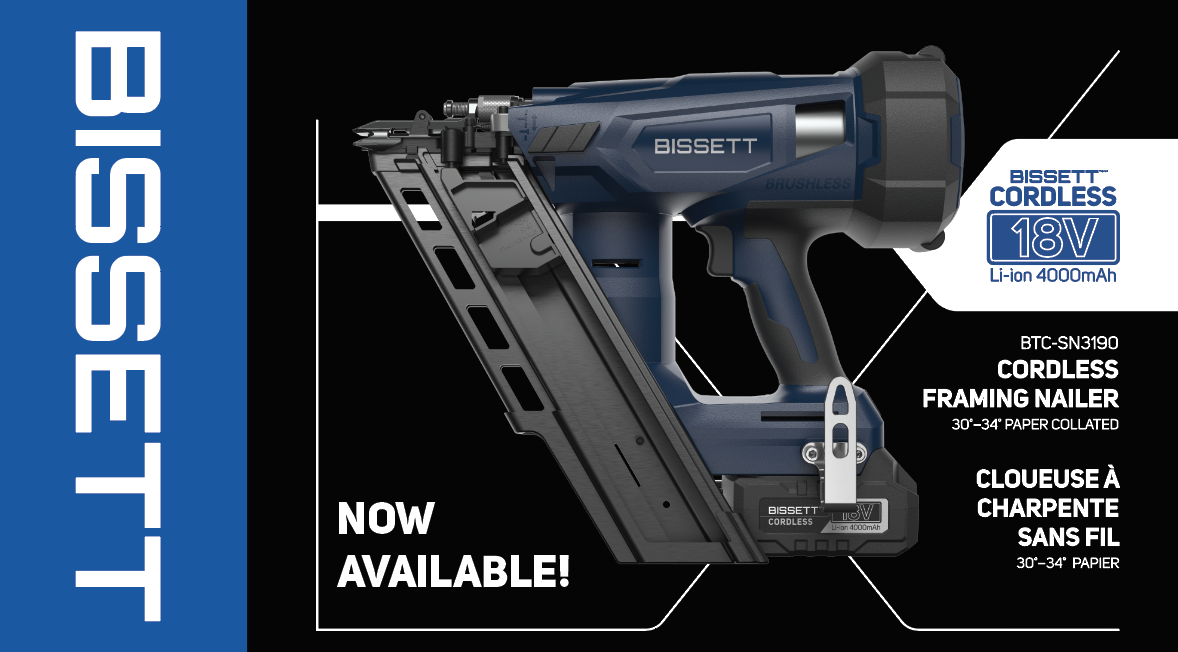 Bissett - 18V 3-1/2" Cordless Paper Collated Framing Nailer 30° – 34° Kit with FREE Extra Battery - Model: BTC-SN3190